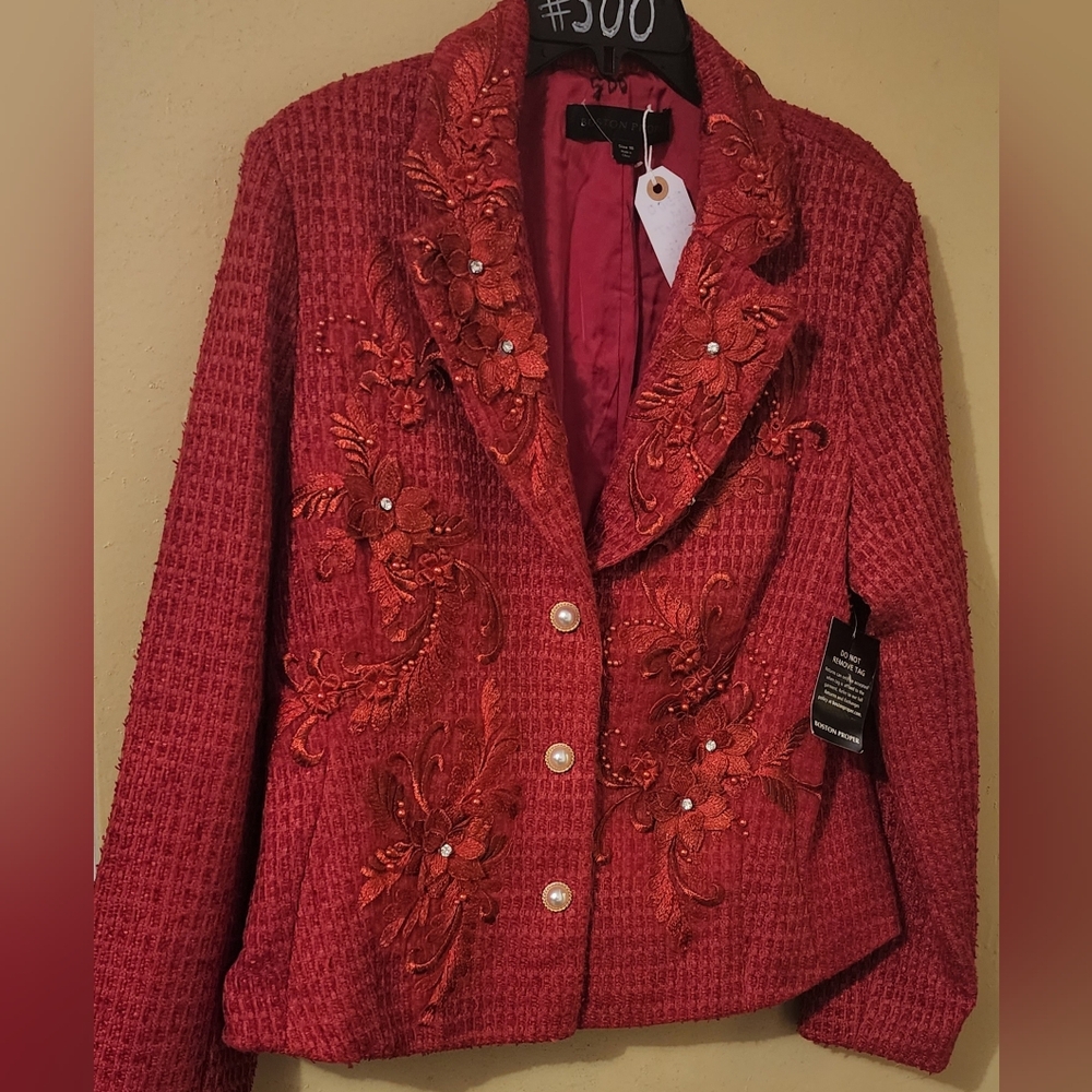 Boston Proper Red Textured Blazer with Embroidery